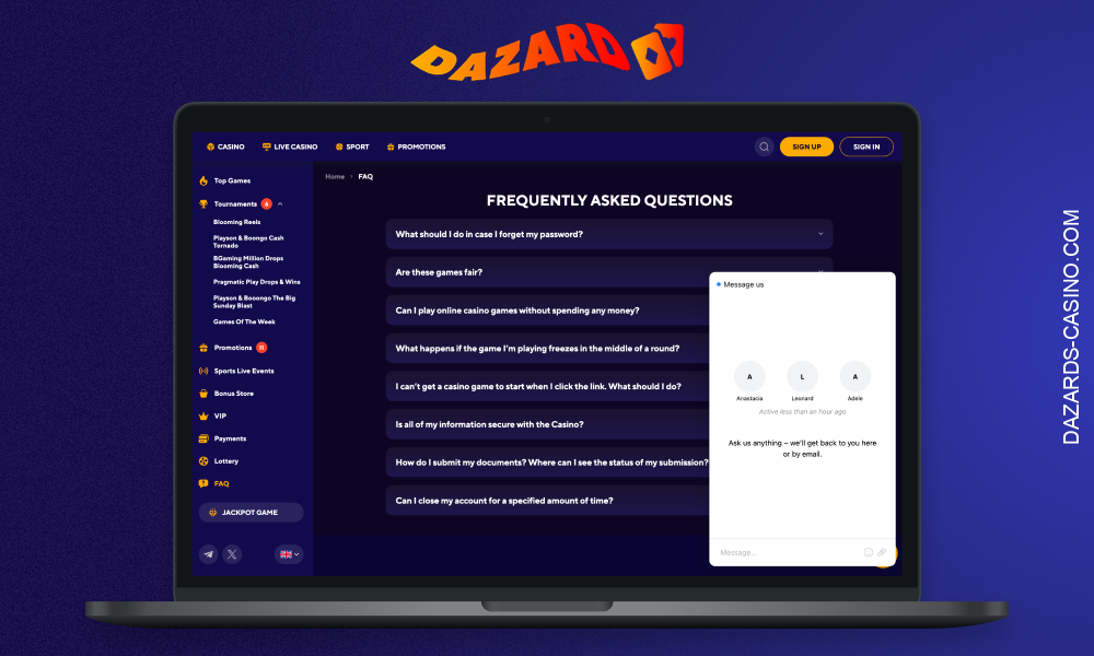 Dazard Casino provides customer support through several communication channels