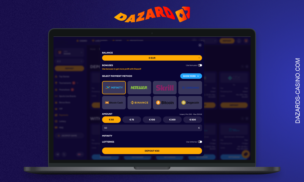 Convenient payment methods at Dazard Casino for Europeans