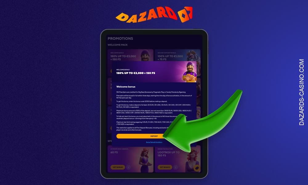 Bonuses at Dazard Casino for players making their first deposit