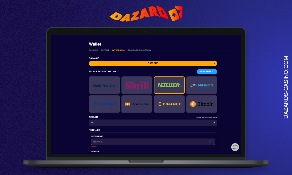 Various payment options are available to European users at Dazard Casino