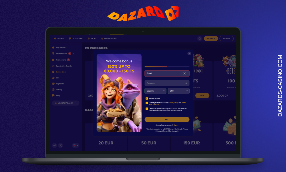 The registration process at Dazard Casino for Europeans