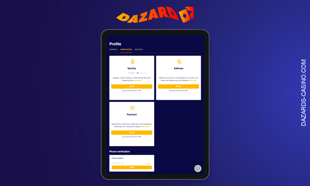 Verification at Dazard Casino is required to access certain features
